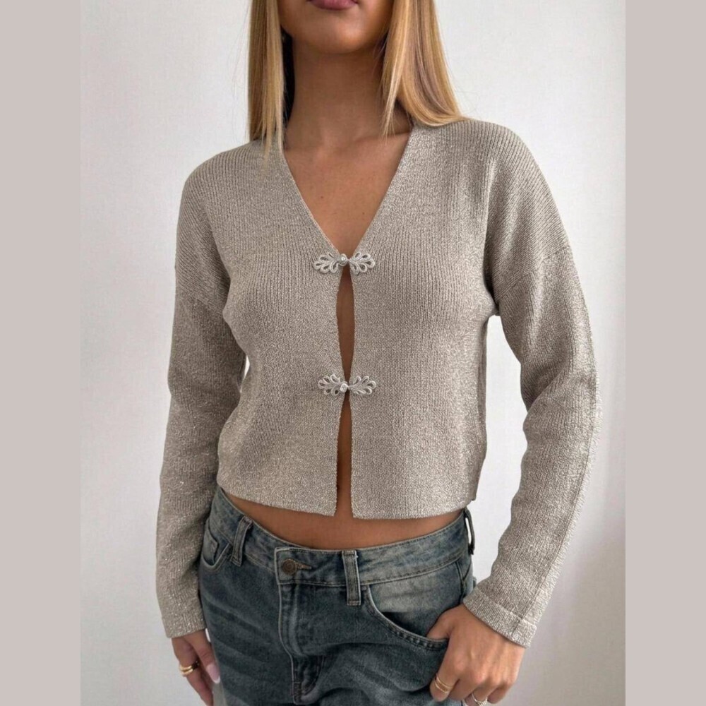 Tan Metallic Ribbed Knit Ornate Clasp Cropped Cardigan